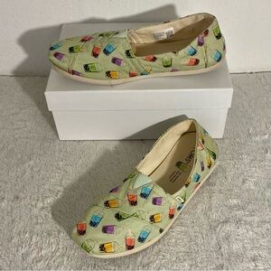 Toms Alpargata Green Matcha Boba Tea Printed Slip On Canvas Shoes Women’s Size 9